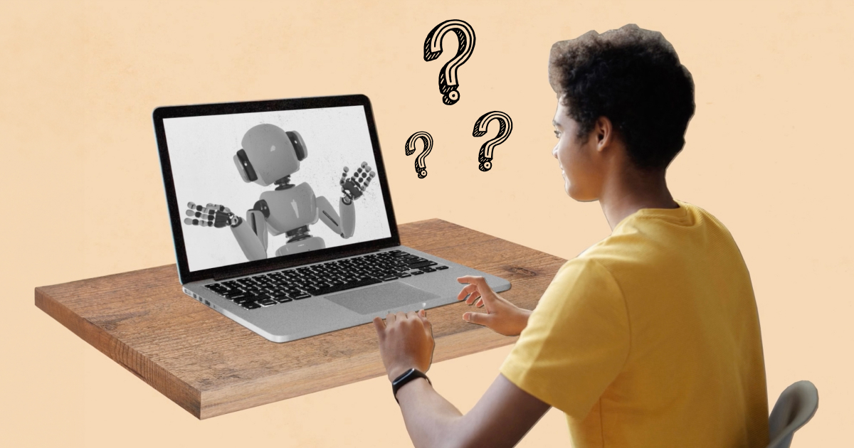 A student is sitting a desk with a laptop open with an image of a robot (artificial intelligence) on screen with three question marks hovering in the background.