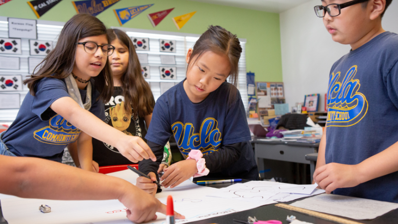 Elementary students working together on a project
