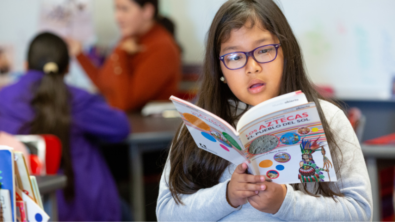 Photo of a girl reading a book about the Aztecs