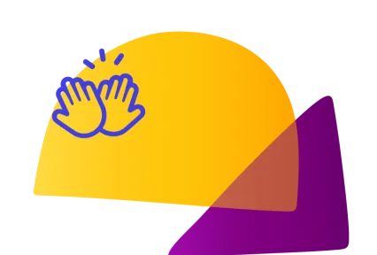 Yellow semicircle and overlapping purple triangle with blue clapping hands icon.