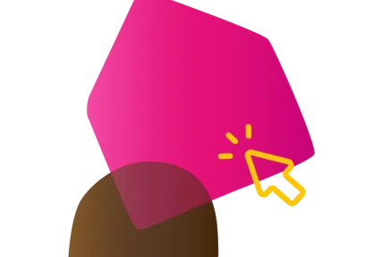 An abstract design with a dark brown semicircle and a bright pink pentagon, accompanied by a yellow cursor icon, on a black