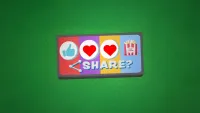A horizontal phone screen with four icons and text. The text says "Share?" and the icons are a thumbs up, two hearts, and a popcorn bucket.