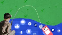 An image of kid with a fishing pole at a pond filled with social media icons with a phone as the bait.
