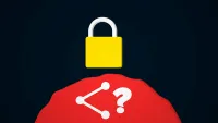 A dark background with a red ball peaking above the bottom with a "sharing" icon and a lock above it.