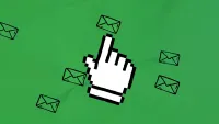 A green background with a hand mouse cursor with letter (mail) icons floating around.