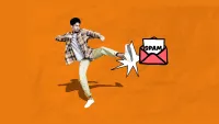An orange background with a teen kicking an animated icon of a spam message.