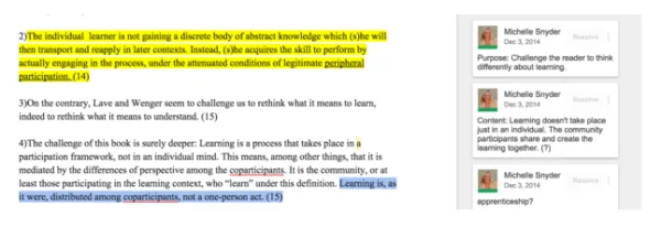 screenshot of the comment function on Google Docs