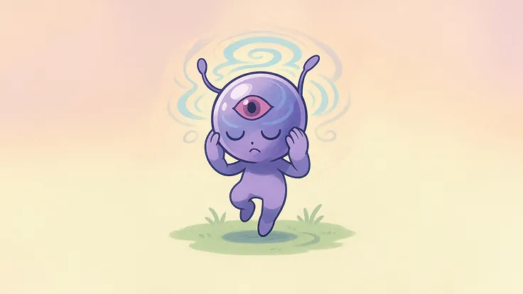 An animated alien with three eyes is floating with two eyes closed and one open, thinking. 