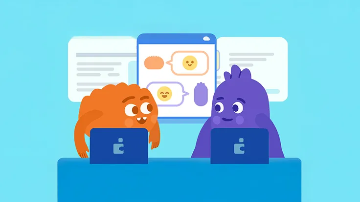 Two animated faces characters are sitting with devices looking at each other as a text message conversation is displayed in the background.