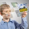 kid with images floating above him